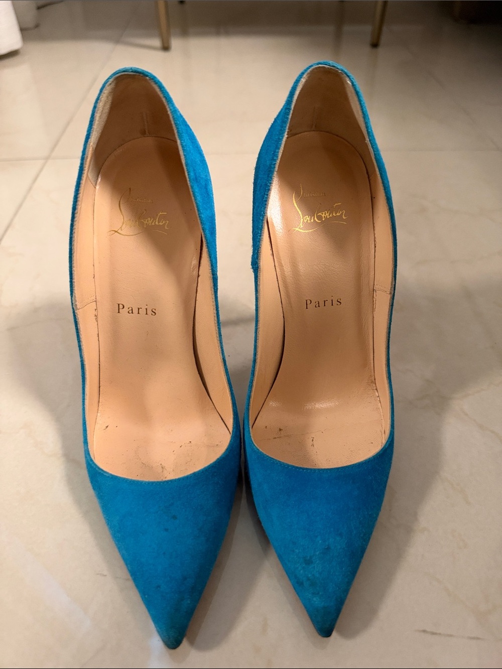 Christian Louboutin Turquoise Suede Pointed Stiletto Pumps